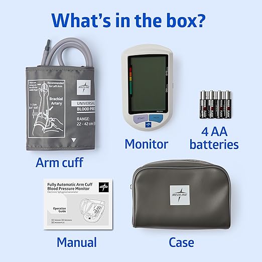 Medline Advanced Automatic Blood Pressure Monitor, Universal Upper Arm Cuff, Large Digital LCD Display, Stores Up to 90 Readings, Carrying Case and Batteries Included