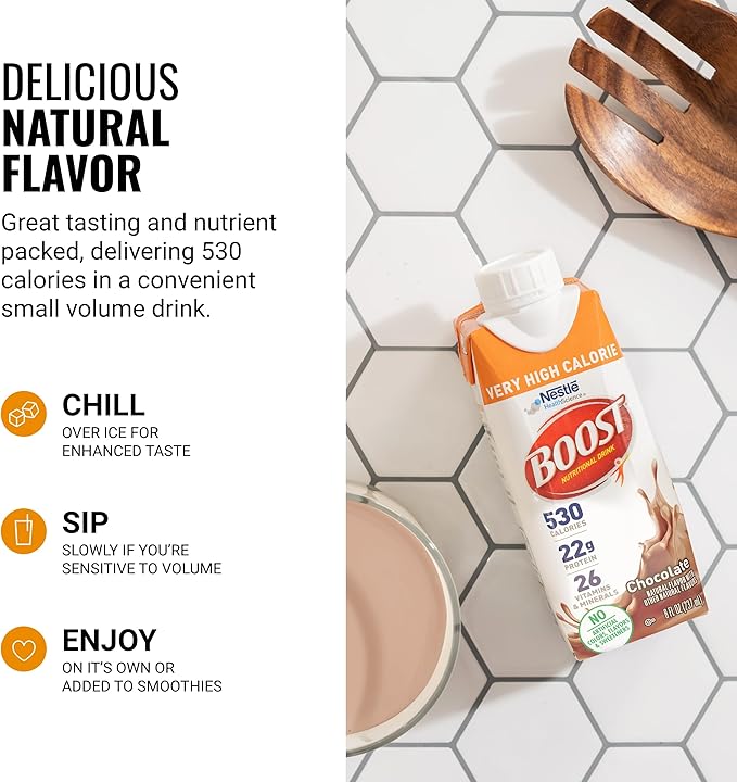 BOOST Very High Calorie Nutritional Drink – Helps Weight Gain & Maintenance -530 Calories -26 Vitamins & Minerals - 22 g Protein - Variety Pack - Vanilla, Chocolate & Strawberry - 8 fl oz (Pack of 24)