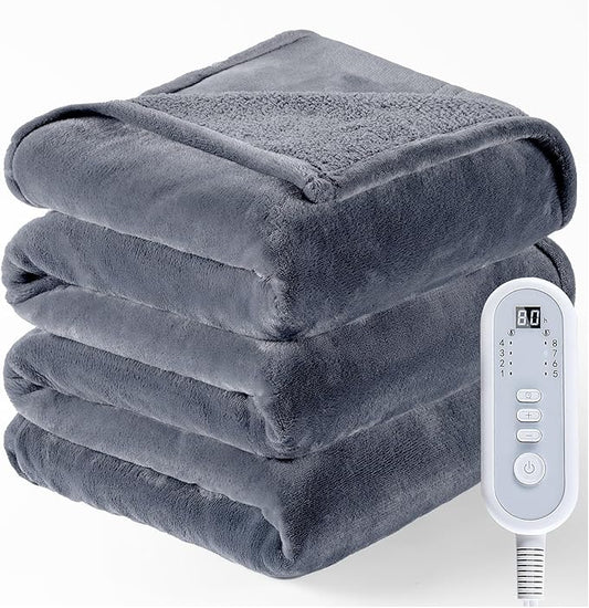 Full Size Electric Blanket Heated, Double-Sided Flannel＆Sherpa Heated Blanket with 8 Heat Levels & 10 Hours Auto Off, Fast Heating Blankets Machine Washable with ETL & FCC Certified,Light Grey