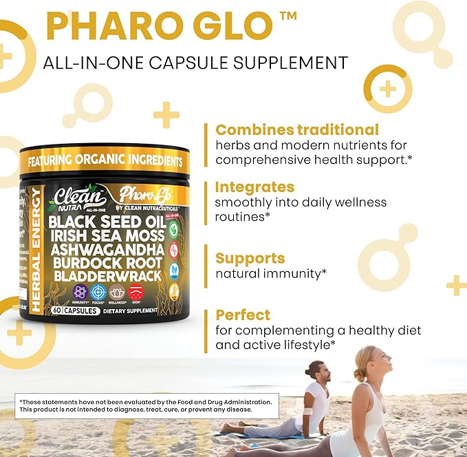 Clean Nutraceuticals Black Seed Oil Sea Moss Ashwagandha Burdock Root Bladderwrack Energy Vegan Capsules Seaweed Skin Detox Stress Relief Immune Support Focus Supplement Nigella Sativa 60 Count