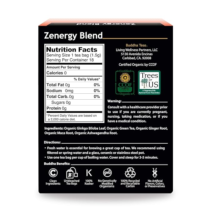 Organic Zen-ergy Blend Tea - Kosher, Contains Caffeine, GMO-Free - 18 Bleach Free Tea Bags