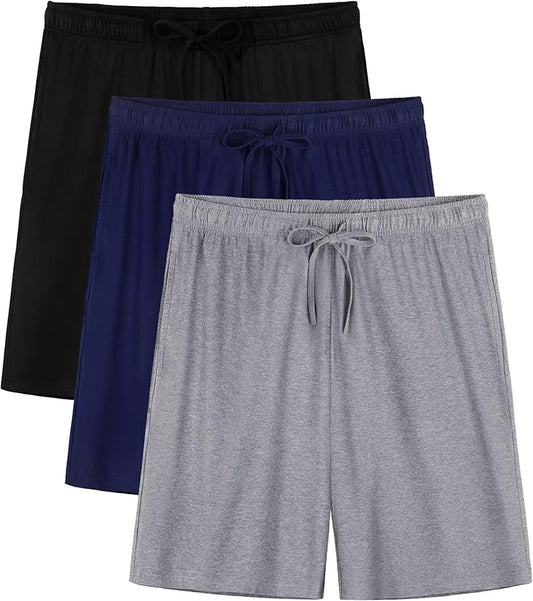 3 Pack Mens Pajama Shorts, Soft Sleep Shorts with Pockets Elastic Waist Drawstring Lounge Dry Fit Sleepwear Bottoms
