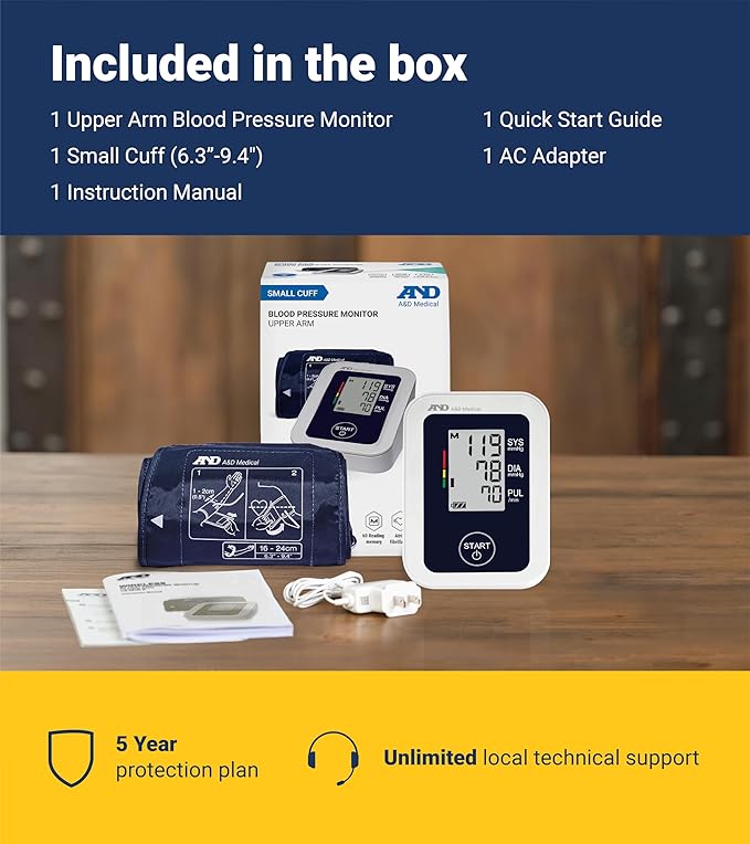 A&D Medical Blood Pressure Monitor for Home Use – UA-651SAC – Petite Upper Arm BP Machine – Small Cuff (6.3–9.4” / 16-24 cm) – Adults, Easy to Use, AC Adapter