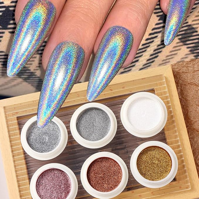 Chrome Nail Powder Set, 6 Colors Metallic Gold Silver Rose Pink White Mirror Nail Powder, Holographic Aurora Nail Glitter Pigment Nail Decoration