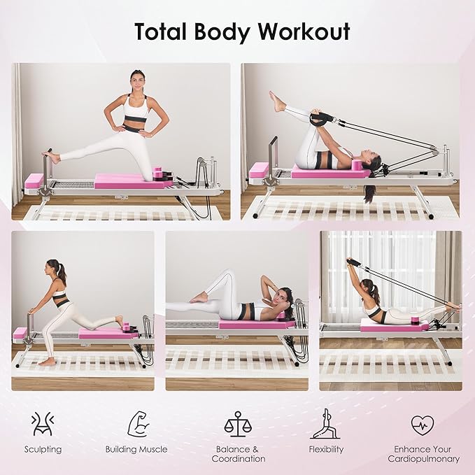 DlandHome Pilates Reformer, Foldable Pilates Reformer Machine with Springs & Resistance, Suitable for Advanced and Beginners Users Adjustable Pilates Equipment for Full-Body Home Workout Up to 330 lbs