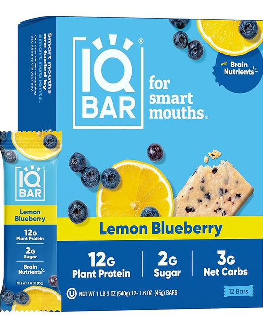 IQBAR Brain and Body Plant Protein Bars - Lemon Blueberry - 12-Count - Keto, Vegan, Low Carb, High Fiber, Gluten Free, Dairy Free, Low Sugar Snack with Nutrients for Focus, Energy, Meal Replacement