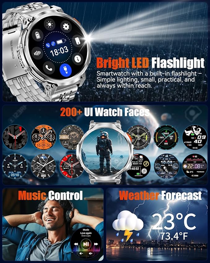 1.85" Big Screen Military Smart Watch for Men with Flashlight, 730mAh Large Battery, IP68 Waterproof, Bluetooth Calling, 114 Sports Modes, Heart Rate/Sleep Monitor for iOS Android