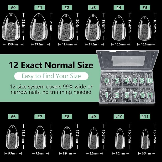 Short Almond Nail Tips, 216pcs Soft Acrylic Fake Nails Gel Nail Tips, Full Cover Pre-Shaped Matte Clear Press on Nails for Extension, Diy at Home Manicure 12 Sizes