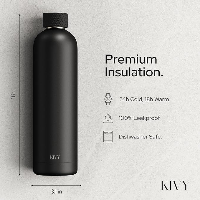 KIVY Stainless Steel Insulated Water Bottle 32oz [LEAK PROOF] Cold Up to 24 Hours, Hot Up to 18 Hours - Insulated Stainless Steel Water Bottle - Thermo Flask Drinking Bottle - BPA Free Water Bottle