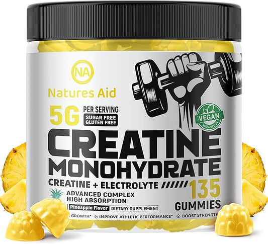 Natures Aid Creatine Monohydrate Gummies (5g) – Pre-Workout Energy & Muscle Growth Support for Men & Women | Pineapple Electrolyte Gummies (135 Count)