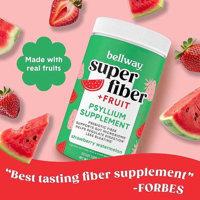 Bellway Super Fiber Powder + Fruit, Sugar Free Organic Psyllium Husk Powder Fiber Supplement for Regularity, Bloating Relief & Digestive Health, Plant-Based, Strawberry Watermelon (50 Servings)