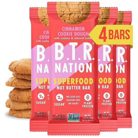 B.T.R. Nation Superfood Keto Protein Bars - Cinnamon Cookie Dough ENERGY | (4 Pack) | Plant Based Vegan Protein, Low Carb Food, Low Calorie, Gluten Free, No Sugar Alcohols, Boosted with Superfoods