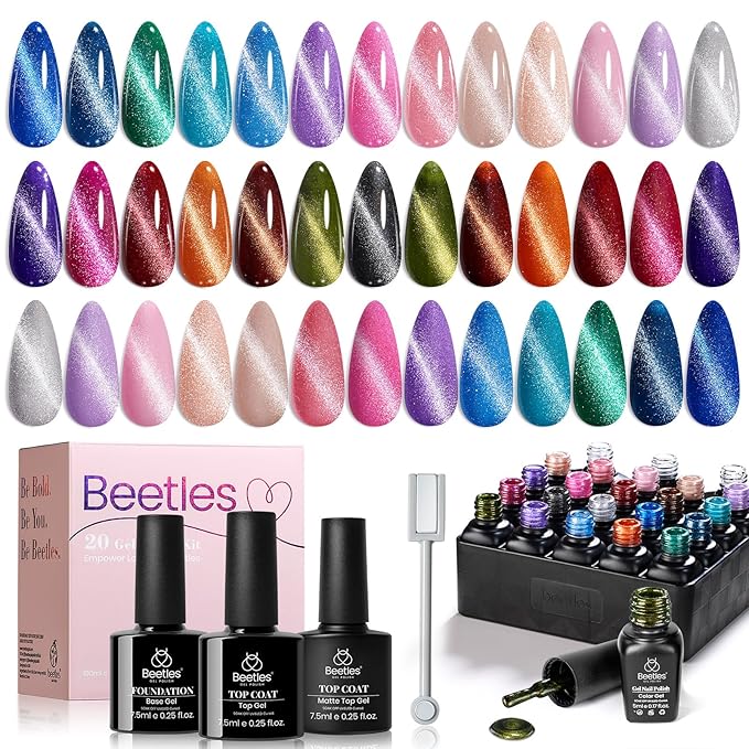 Beetles Cat Eye Gel Nail Polish Set - 20 Colors Christmas Glitter Red Green Blue Brown Black Nude Pink Magnetic Base Matte Glossy Top Coat Lush Velvet Soak Off UV Manicure Salon Gift for Women