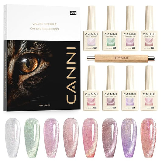 CANNI 8 Pcs 9 ML Cat Eye Gel Nail Polish Set, Pink Green Purple Silver Glitter Rainbow Holographic Cat Eye Gel Polish Kit with Magnet Shimmer Colors Nail Art Manicure Salon DIY Gifts