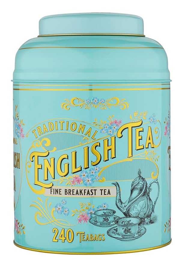 New English Teas Vintage Victorian Tea Tin with 240 English Breakfast Teabags for Tea Lovers, Forget Me Not Florals & Classic Tea Set Design