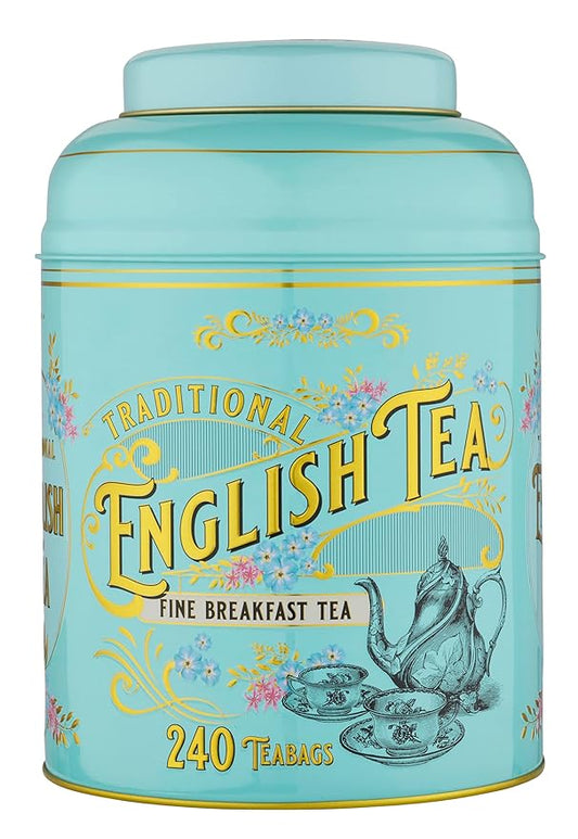 New English Teas Vintage Victorian Tea Tin with 240 English Breakfast Teabags for Tea Lovers, Forget Me Not Florals & Classic Tea Set Design