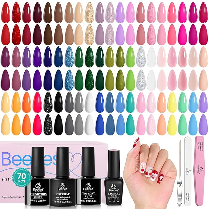 Beetles Winter Gel Nail Polish Set, 70 PCS 60 Colors Red Green Pink Brown Blue Nude Glitter Gel Nail Polish Kit with Base Top Coat for Beginners UV LED Needed DIY Salon Christmas Gifts for Women