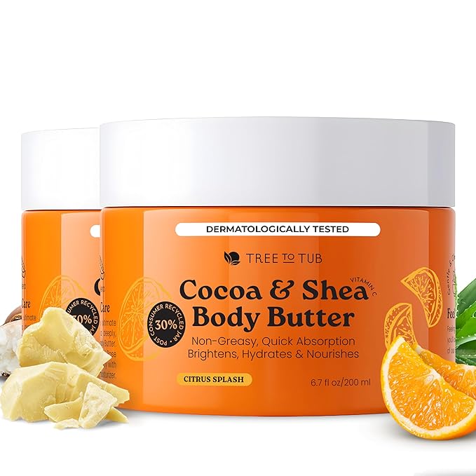 Tree to Tub Shea Body Butter for Dry, Extremely Dry, Sensitive Skin - Moisturizing Body Cream for Women & Men, Hydrating Body Lotion Moisturizer w/Vitamin C, Organic Cocoa, All Natural Citrus Scent