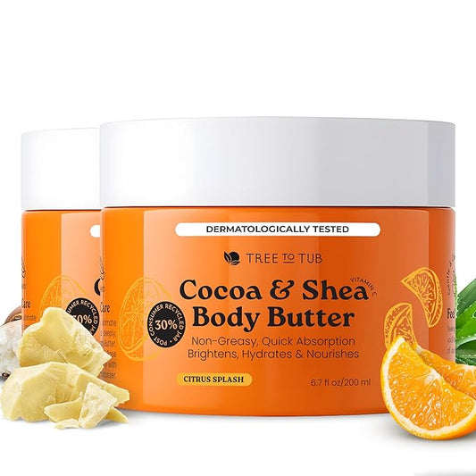 Tree to Tub Shea Body Butter for Dry, Extremely Dry, Sensitive Skin - Moisturizing Body Cream for Women & Men, Hydrating Body Lotion Moisturizer w/Vitamin C, Organic Cocoa, All Natural Citrus Scent