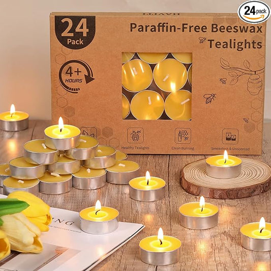 24 Packs Beeswax Tealight Candles, Pure Beeswax Tea Lights Candle, Natural Organic Tealights Candles Unscented Smokeless Clean Burning with 4 Hour Burn Time