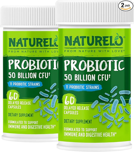 NATURELO Probiotics for Digestive Health - 50 Billion CFU, 11 Strains, Daily Use Supplement - Boosts Immune System, Delayed Release, No-Fridge, 60 Vegetarian Capsules (Pack of 2)