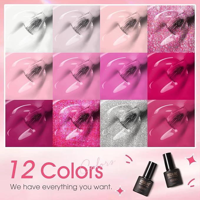 ROSALIND Pink Gel Nail Polish Set, 12 Colors Hot Pink Glitter Pink Gel Polish Gel Polish Set Soak Off Spring Gel Nail Polish Collection