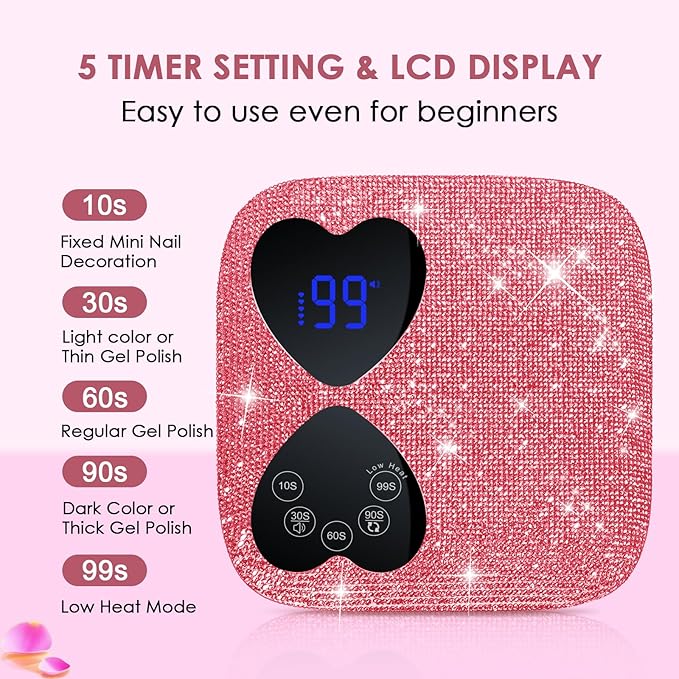 UV LED Nail Lamp Cordless, HUITINE 80W Rechargeable UV Light for Gel Nails with 5 Timers & Mirror Base, Professional Gel Light Dryer, Sparkling Rhinestones Curing Lamp for Salon & Home (Pink Diamond)