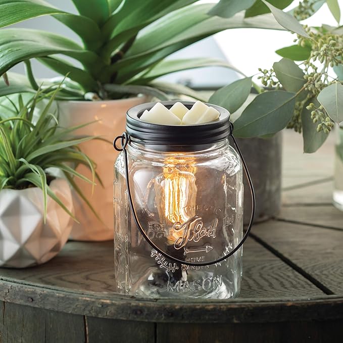 Candle Warmers Etc. Vintage Style Bulb Fragrance Warmer- Light-Up Warmer for Warming Scented Candle Wax Melts and Tarts or Essential Oils to Freshen Room, Clear Mason Jar