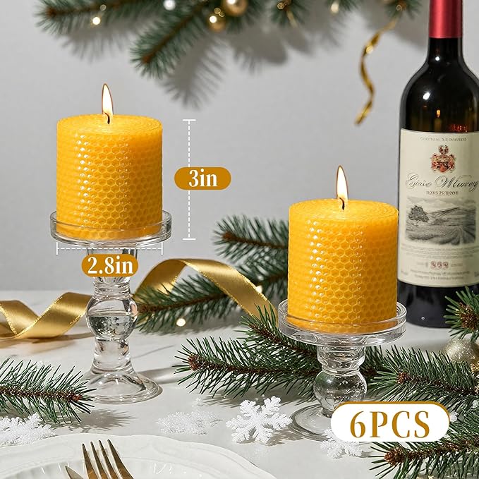 Hand-Rolled Beeswax Candles,2.8x3in-6PCS,All Natural Honeycomb Beeswax Pillar Candles,144 Hours Long Burning Bees Wax Candles for Home,Dripless Smokeless Unscented Honeycomb Pillar Candle