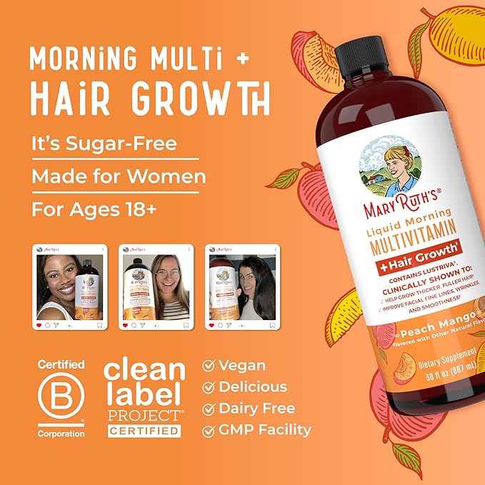 MaryRuth Organics Liquid Multivitamin+Hair Growth | Clinically Tested for Thicker Hair & Facial Wrinkles in Women | Biotin 10000mcg | Lustriva Hair Growth Supplement | Skin Care | Age 18+ | 30 Fl Oz