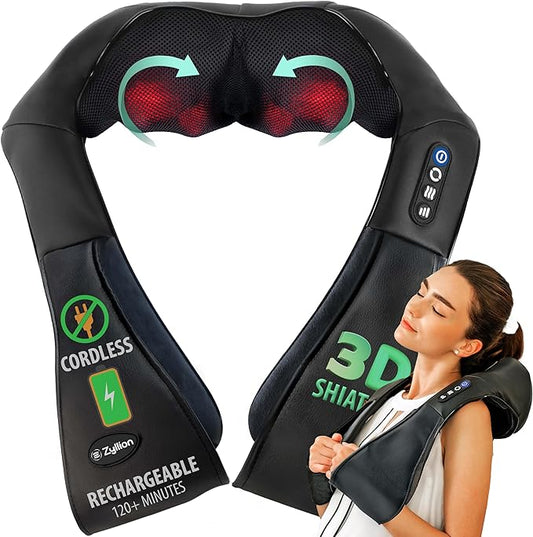 Zyllion Shiatsu Neck and Back Massager with Heat - Cordless Rechargeable 3D Electric Kneading Deep Tissue Massage for Muscle Pain Relief, Black, ZMA-28RB