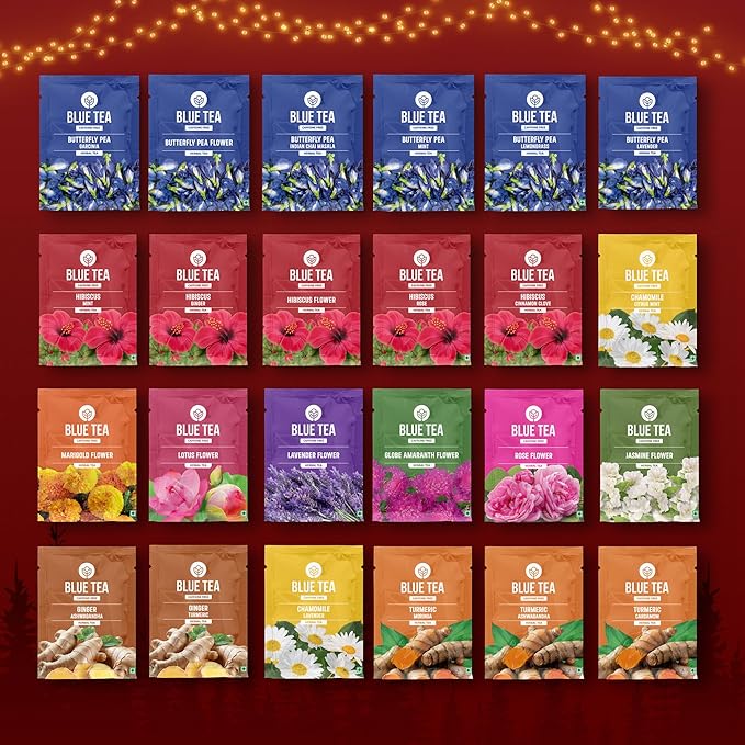 BLUE TEA - Advent Calendar 2025-24 Tea Bags - Plant Based - 24 Unique Tea - Assortment Variety Gift Pack | Tea Gift Set | Flower Based - Caffeine Free - Herbal Tea - Gift for Adult, Women & Men