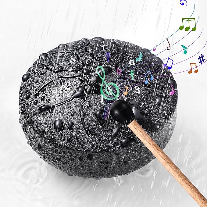 Facmogu Steel Tongue Drum, 6 Notes 3 Inches Rain Drum for Outside, Mini Rain Chime Drum with Bag, Music Book, Drumsticks, Waterlogging Rain Drum for Outside when It Rains - Black (Bowling Pattern)
