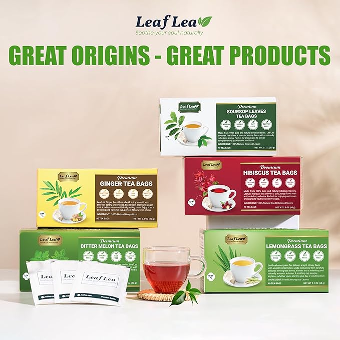 LeafLea Lemongrass Tea Bags, 40 Count, 100% Natural Lemongrass Leaves, Te Limon Grass, Te de Limoncillo Herbal Tea with Smooth Light Aroma, Sugar-Free, Caffeine-Free, Non-GMO, Vegan Friendly