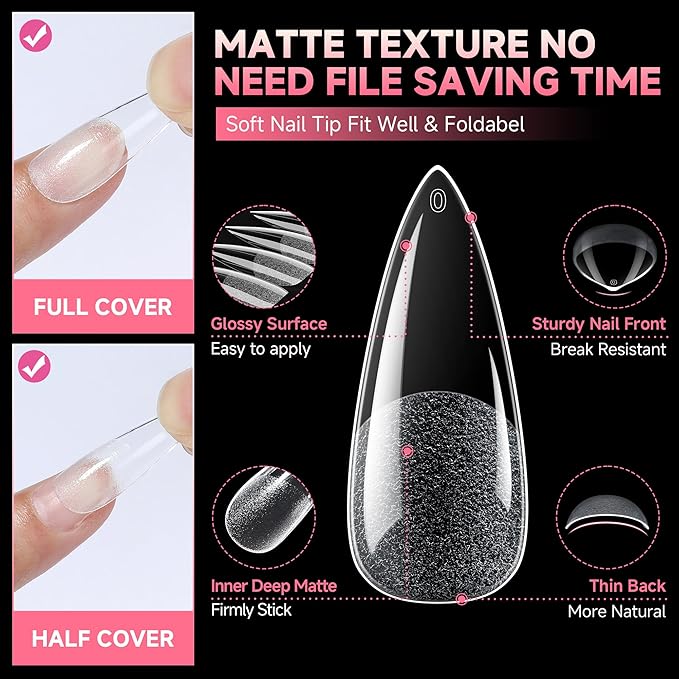 UNA GELLA Long Stiletto Gel Nail Tips Full Cover 120pcs Half Matte Nail Tips Long Stiletto Almond Fake Clear Nails Tips S tiletto Press on Nails for Nail Extensions Home Nail Art Salon 12 Sizes