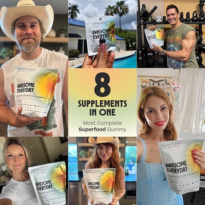 Awesome Everyday Superfood Gummies for Adults – Daily Multivitamin for Women & Men - EAAs, Mushrooms & Adaptogens - Vegan, No Artificial Flavors, Colors or Seed Oils - Essential Amino Acids - 28 Count