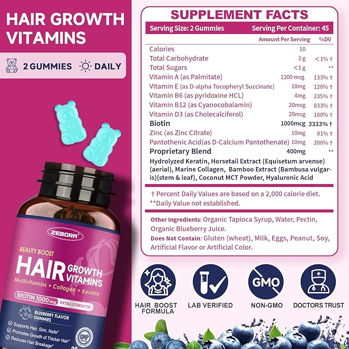 Biotin Gummies for Hair Skin and Nails -Hair Vitamins with Biotin, Zinc, Vitamin A, B6, B12, D3 & More - Support Healthy Skin, Hair Growth, Stronger Nails for Women and Men - 90 Blueberry Gummies