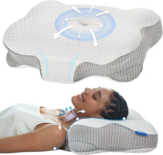 2 Pack Dream Without Pain Cervical Neck Support Pillow for Sleeping - Ergonomic Side Sleeper Pillows with Dual-Density Memory Foam, Cooling Pillow for Back Stomach Sleepers