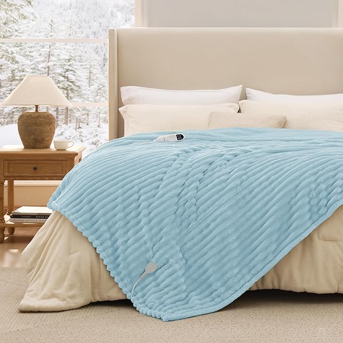 Bedsure Electric Blanket Full Size - Thick Striped Flannel Heated Blanket with 6 Heat Settings, 10 Time Settings, 8-Hour Timer Auto Shut Off, Gifts for Grandma (72x84 inches, Light Blue)