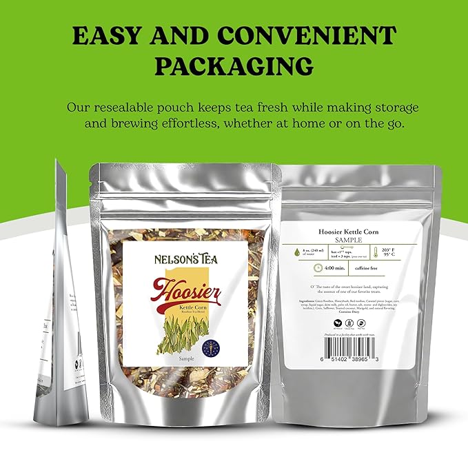 Nelson's Tea Hoosier Kettle Corn - Cut & Sifted, Caffeine Free Loose Leaf Tea with Sweet and Spicy Blend of Green Rooibos, Honeybush, Caramel, Corn, Safflower, Toasted Coconut, Marigold (Sample)