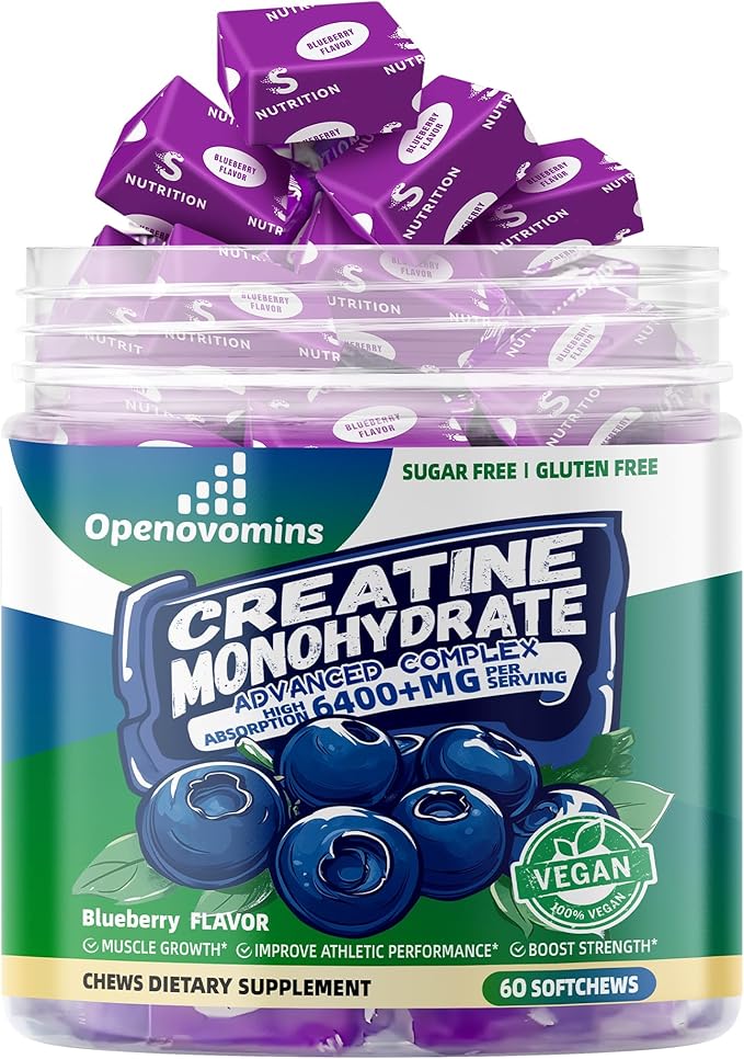 Creatine Monohydrate Soft Chews Complex 6400mg for Men & Women -Advanced Formula W/L-Taurine + Vitamin B12, Sugar Free Chewable Supplement,60 Blueberry Softchews