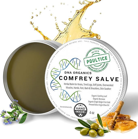 DNA Organics Comfrey Salve – Herbal Balm for Muscles, Knees & Joints – Organic, Handcrafted, Slow Infused, No Fillers – Scent-Free – for Dry Skin & Post-Workout Care – 4oz