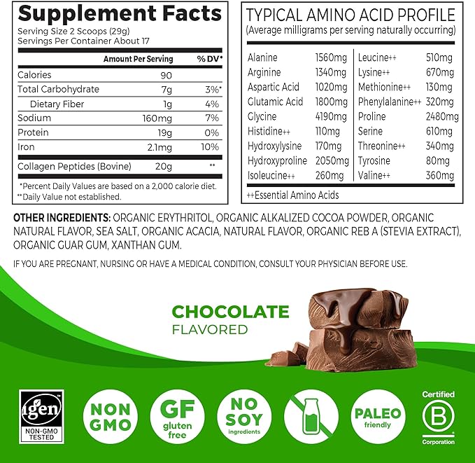 Orgain Hydrolyzed Collagen Peptides Powder For Women & Men, Chocolate, 20g Grass Fed Collagen - Hair, Skin, Nail, & Joint Support Supplement, Paleo & Keto, Non-GMO, Type I and III, 1lb