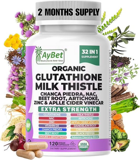 Glutathione NAC Milk Thistle Supplement | Liver Health Support | 32-in-1 Herbal Antioxidant Formula with Chanca Piedra, Turmeric, Dandelion Root, Beet Root & Zinc | Halal Vegan Organic Daily Wellness