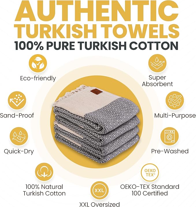 Gold CASE Turkish Beach Towel Set of 4 – 100% Cotton Large Turkish Bath Towels 67 x 38'' – Zeus Extra Large, Quick Dry & Sand Free Towels – Peshtemal for Pool – Brown