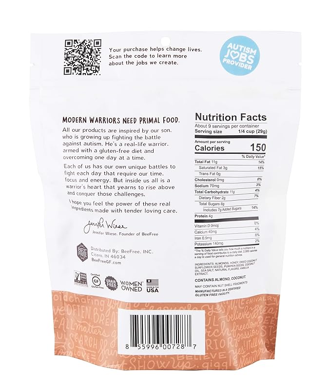 BeeFree Warrior Mix Gluten Free Granola - Chunky Granola Bites | Paleo, Low Carb, Grain Free, Preservative Free, Oat Free | Low Calorie Snacks | Bob's Salted Caramel, 9 Ounce Bag