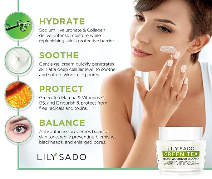 LILY SADO TEA+C Green Tea Water Rush Gel Moisturizer - Lightweight Vitamin C Anti-Wrinkle Moisturizing Lotion - Hydrates & Softens for Luscious, Radiant Skin. Perfect for Spring and Summer.