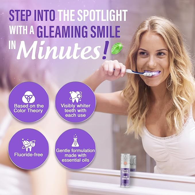 GuruNanda Purple Color Corrector Serum, Fluoride-Free & Gentle, Instant Teeth Whitening, with Essential Oils, Up to 50 Uses, 2 Pack