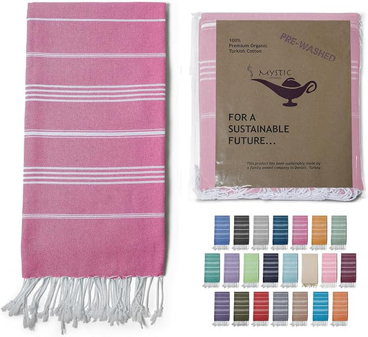 Mystic Turkish Beach Towel Pestemal - 100% Organic Cotton - Extra Large - Quick Dry - Bath - Beach - Gym - Yoga - Travel - Sultan Model (Dark Pink)
