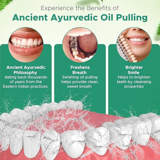 Pack of 3 Ayurvedic Organic Oil Pulling for Teeth and Gums | Refreshing Mint Flavored Oral Rinse Mouthwash | Essential Oils for Bad Breath | Teeth Whitening Pulling Oil & Gum Care Mouthwash-8 FL Oz